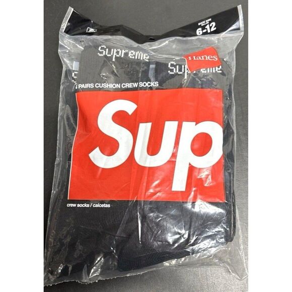 Supreme x Hanes Socks 4 Pack Black Mens Size 6-12 Crew Socks Brand New - Picture 5 of 5